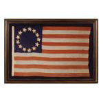 THE EARLIEST BETSY ROSS PATTERN 13 STAR FLAG I HAVE EVER ENCOUNTERED, ENTIRELY HAND-SEWN WITH HAND-EMBROIDERED STARS, 1860�s - 1880�s Preview