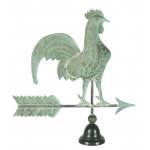 ROOSTER WEATHERVANE WITH EXCELLENT VERDIGRIS SURFACE AND A PERIOD, CAST IRON STAND IN EARLY PAINT, 1870-1900: Preview