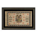 PATRIOTIC 1876 CENTENNIAL BANNER WITH AN EAGLE CARRYING THE LIBERTY BELL, SURROUNDED BY 13 STARS AND FLANKED BY PATRIOTIC PHRASES, WITH 38 STARS AROUND THE PERIMETER: Preview