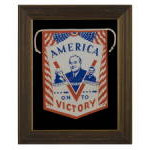 PATRIOTIC WINDOW BANNER WITH A PORTRAIT OF FRANKLIN DELANO ROOSEVELT SET INSIDE A "V-FOR-VICTORY", FLANKED BY GEORGE WASHINGTON AND ABRAHAM LINCOLN, MADE TO SUPPORT HIS RE-ELECTION IN 1944, A SCARCE CAMPAIGN TEXTILE FROM WWII: Preview