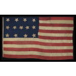 13 STAR FLAG OF THE 1820-1840 PERIOD OR PRIOR, AN EXTRAORDINARILY EARLY SURVIVOR AMONG ANTIQUE STARS & STRIPES, FORMERLY HAVING ACCOMPANIED THE FAMOUS "EASTON FLAG" AT THE EASTON PUBLIC LIBRARY IN NORTHAMPTON COUNTY, PENNSYLVANIA: Preview