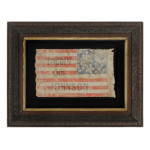 CIVIL WAR PERIOD CAMPAIGN PARADE FLAG MADE FOR THE 1864 PRESIDENTIAL RUN OF ABRAHAM LINCOLN & ANDREW JOHNSON, WITH ENDEARING WEAR FROM OBVIOUS LONG-TERM USE, 34 STARS IN A GREAT-STAR-IN-A-WREATH PATTERN, ONE-OF-A-KIND AMONG KNOWN EXAMPLES: Preview