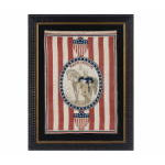 1876 CENTENNIAL CELEBRATION PARADE BANNER WITH OVAL STANDING PORTRAIT OF GEORGE WASHINGTON AND HIS HORSE ON A GROUND OF RED & WHITE STRIPES: Preview