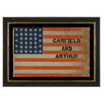 RARE 34 STAR PARADE FLAG, MADE FOR THE 1880 PRESIDENTIAL CAMPAIGN OF GARFIELD AND ARTHUR, THE LARGEST EXAMPLE KNOWN FROM THIS ELECTION, WITH ESPECIALLY WHIMSICAL TEXT: Preview