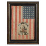 EXTREMELY RARE 36 STAR FLAG WITH A SIX COLOR OVERPRINT THAT INCLUDES THE FIGURE OF LADY COLUMBIA, MADE FOR THE 1876 CENTENNIAL EXPOSITION, POSSIBLY DISTRIBUTED DURING THE PRESIDENTIAL CAMPAIGN OF RUTHERFORD B. HAYES: Preview