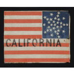 31 STARS ARRANGED IN A RARE VARIATION OF THE �GREAT STAR� PATTERN, WITH THE WORD "CALIFORNIA" PAINTED IN THE STRIPES, A PRE-CIVIL WAR FLAG, CALIFORNIA STATEHOOD, 1850-1858, PART OF A SERIES OF THESE FLAGS, THOUGHT TO HAVE BEEN USED AT THE WIGWAM CONVE Preview
