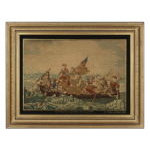 MAGNIFICENT NEEDLEWORK RENDERING OF EMANUEL GOTTLIEB LEUTZE'S PAINTING OF WASHINGTON CROSSING THE DELAWARE, IN ITS ORIGINAL FRAME WITH REVERSE-PAINTED AND GILDED GLASS, SIGNED AND DATED 1865: Preview