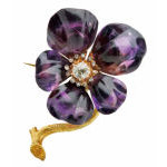 French Carved Amethyst Diamond Flower Brooch C.1880 Preview