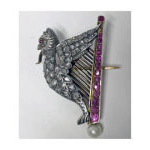 French Griffin and Harp Ruby, Diamond, Pearl and 18K (tested) Brooch, C.1890 Preview
