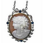 Antique Platinum 15K Diamond Sapphire Cameo Pendant, English, C.1920. Preview