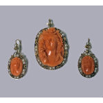 Rare and Fine Antique Carved Coral corallium rubrum Pendant Brooch and Earrings, C.1880 Preview