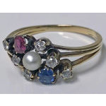 Antique Sapphire Ruby Diamond Pearl 14K cluster Ring, C.1900. Preview