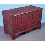 RED AND BLACK, MAINE BLANKET CHEST WITH BRUSH-WORK PAINT DECORATION IN WHIMSICAL LINEAR PATTERNS, DATED 1856 Preview