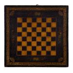 BLACK CHECKERBOARD / CHESS BOARD WITH PROFESSIONALLY PAINTED FLORAL DESIGNS AND CROWNS, GILDED SPACES AND A GREEK KEY BOARDER, CA 1870: Preview