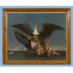 ICONIC PAINTING OF AN AMERICAN EAGLE IN FRONT OF A CIVIL WAR NAVAL SCENE, WITH A FLAG AND SHIELD IN A SOUTHERN-EXCLUSIONARY STAR COUNT, CA 1872-1890 Preview